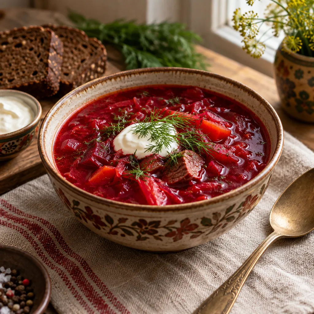 Red borscht with sour cream and dill in a ceramic bowl