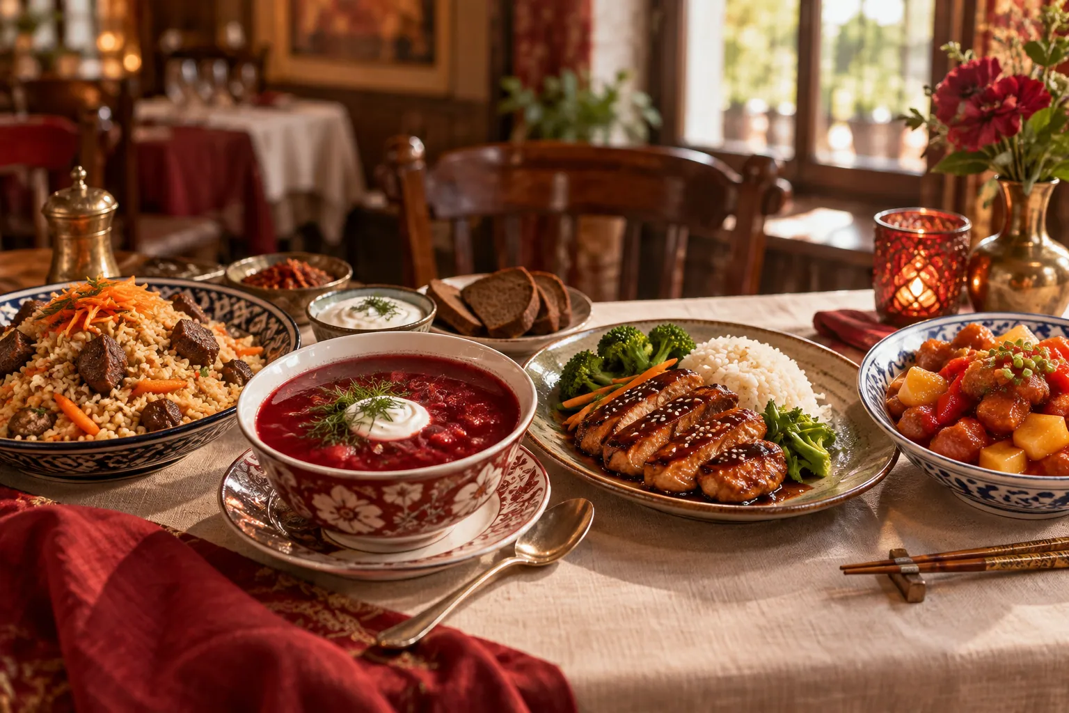 Four dishes on one table: Uzbek plov, Russian borscht, Japanese chicken teriyaki and Chinese sweet and sour chicken