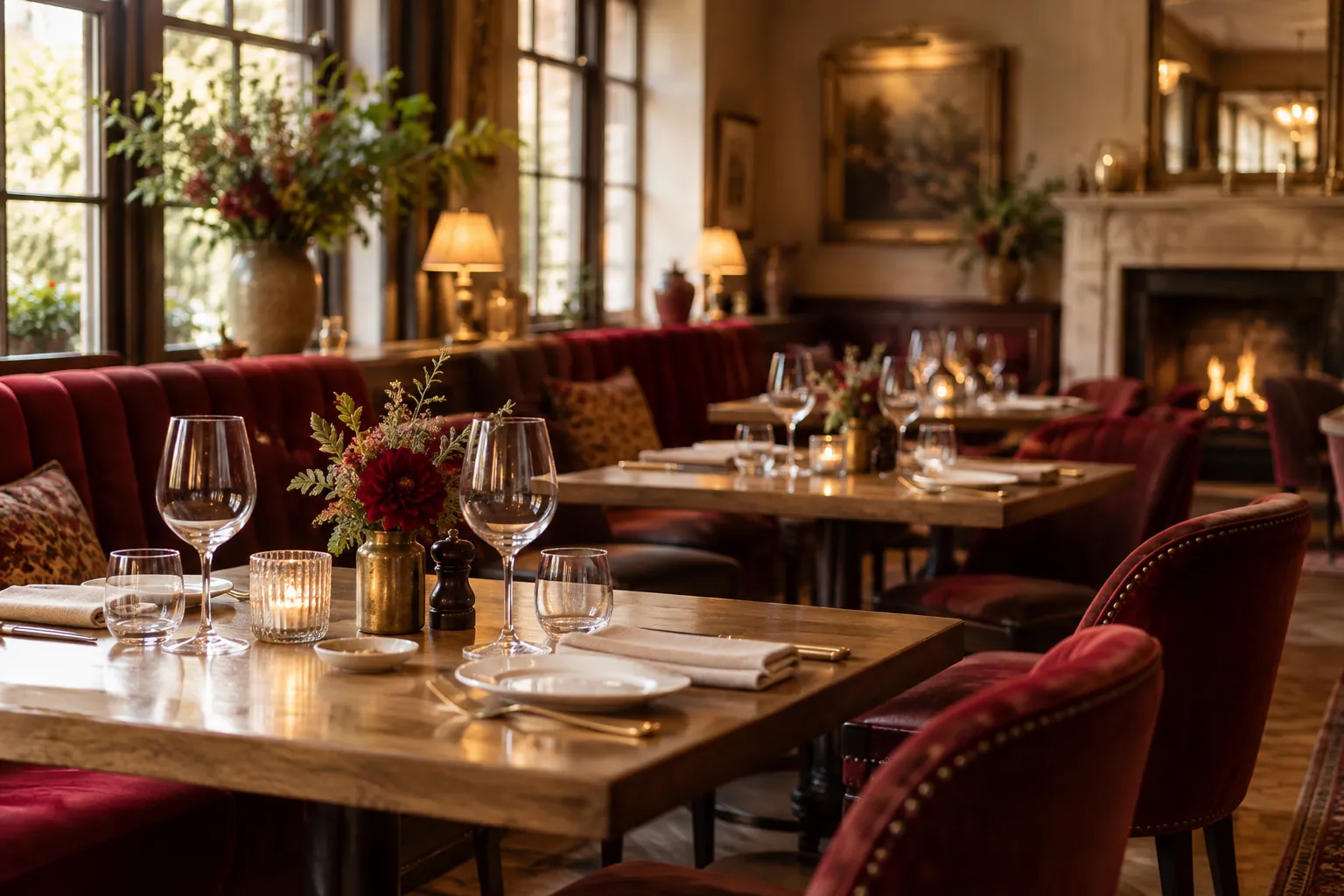 A warm dining room with wooden tables and deep red seating