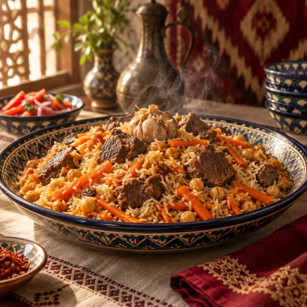 Rice pilaf in a ceramic dish with carrots, chickpeas and beef