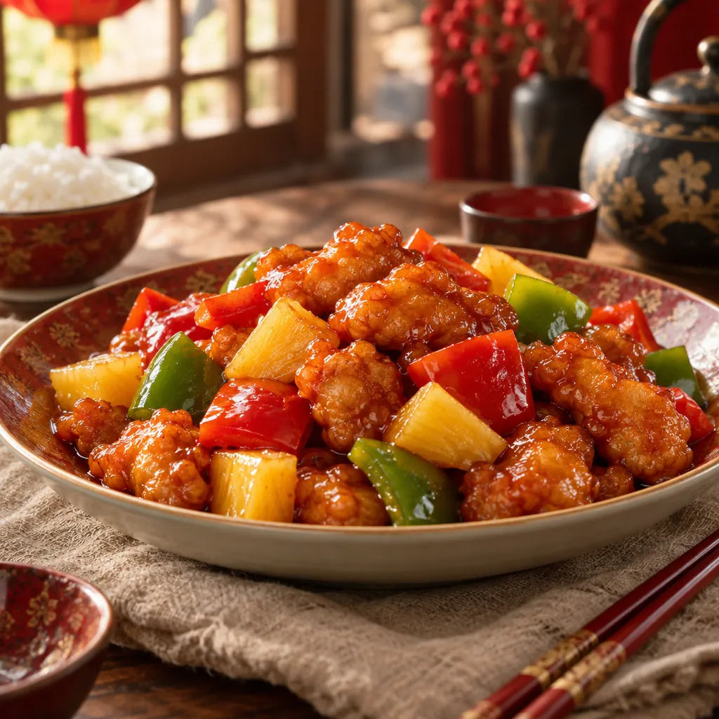 Sweet and sour chicken with peppers and pineapple