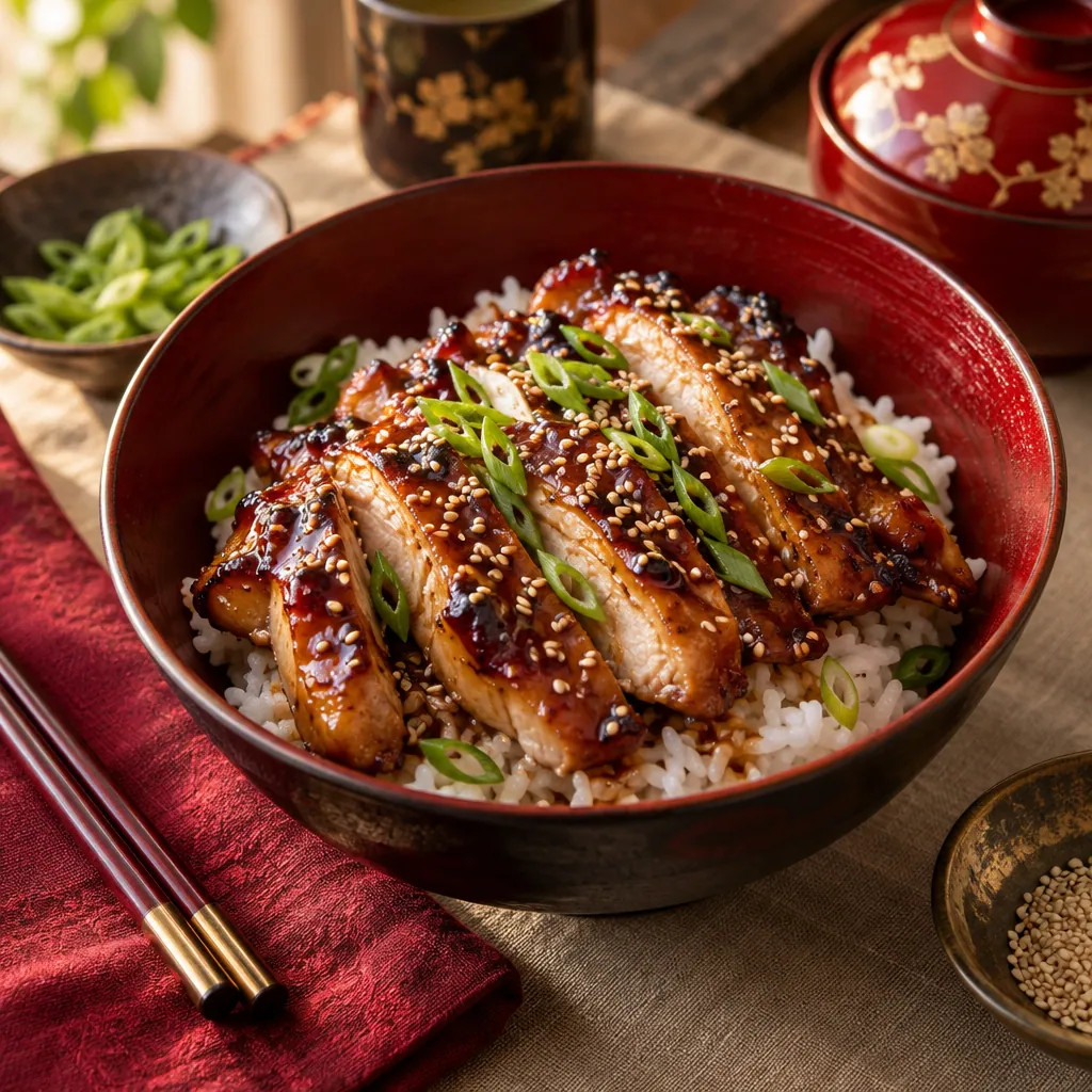 Glazed chicken teriyaki with sesame and scallion over rice